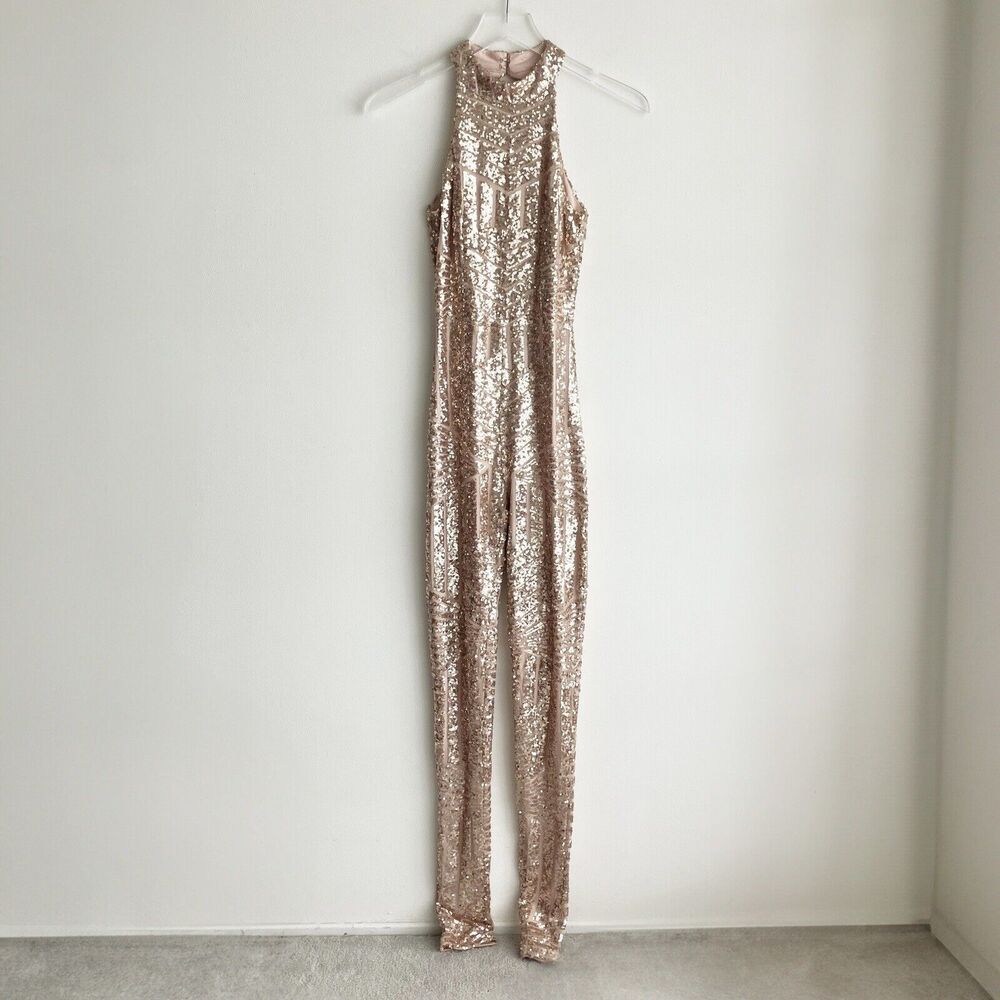 L'ATISTE Rose Gold Sequin Halter Jumpsuit